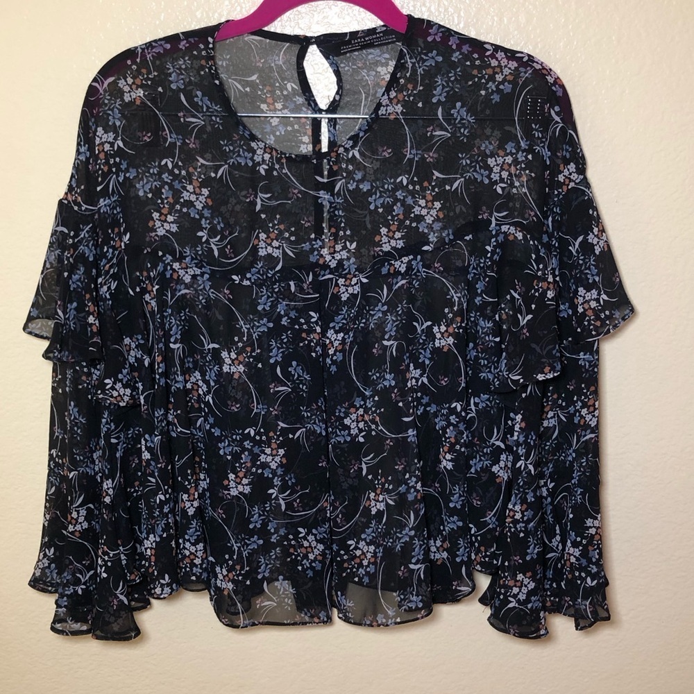 Zara floral bell sleeve flowy see through blouse boho cottagecore size M - Picture 2 of 8